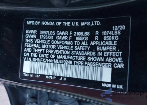 2021 Honda Civic Sport from USA, damaged, VIN SHHFK7H41MU410249